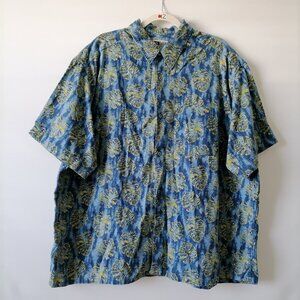 United Mens Blue Short Sleeve Tropical Hawaiian Print Button Up Shirt Size 2XL